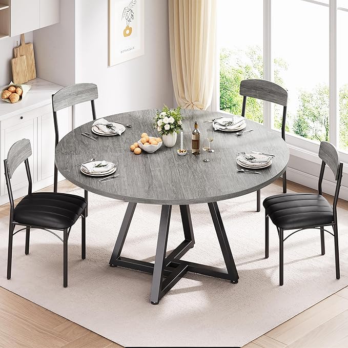 42“ Round Kitchen Dining Room Table for 2-4, Circle Dining Dinner Table with Pedestal Metal Frame, Space Saving Wood Industrial Furniture for Small Space (Grey, 42IN)