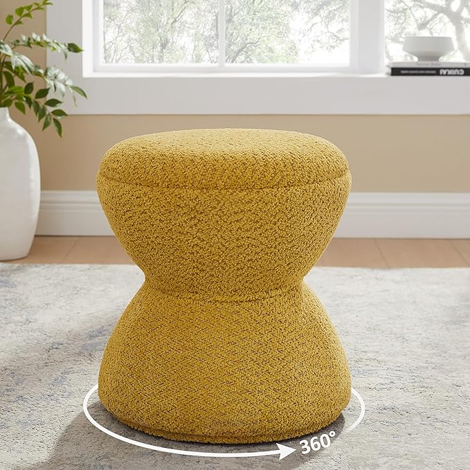 VANOMi Multi-Functional Boucle Ottoman, Vanity Stool Chair, Sturdy Rotating Wooden Footstool, Suitable for Living Room, Bedroom, and Entryway, Without Installation, Swivel, Yellow