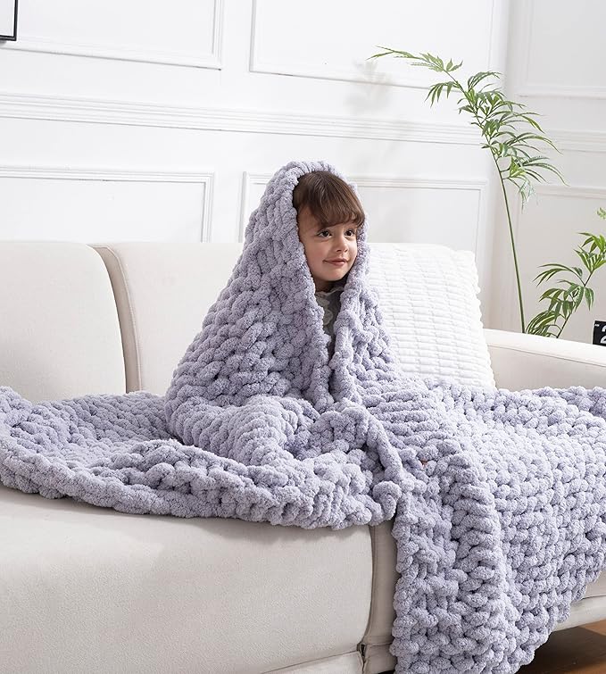 clootess Chunky Knit Blanket Knitted Throw Crochet Chenille Yarn Woven for Bed Sofa Textured Thick Cable Decor (Grey 40x60 in)
