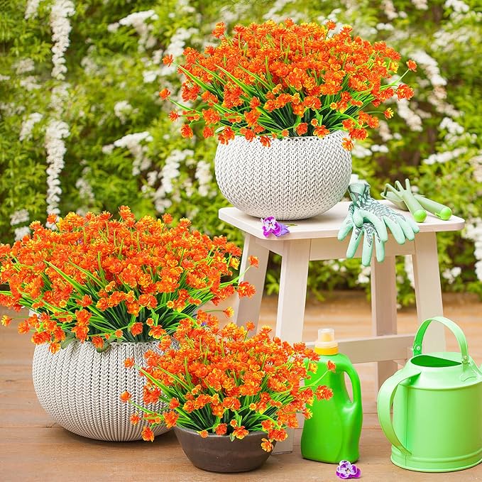 AmyHomie 20 Bundles Artificial Fall Flowers for Outdoor UV Resistant Faux Flowers No Fade Fake Plastic Plants Wildflowers Spring Flowers Garden Porch Window Box Decorating Fall Decor (Orange)