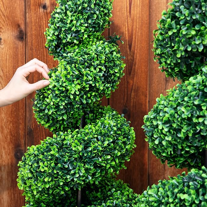 2-Pack Faux Boxwood Spiral Topiary Trees - 3ft Tall - Planter Included - Artificial Plants for Indoors or Outdoors - Realistic Dense Green Leaves with UV and Weather Protection