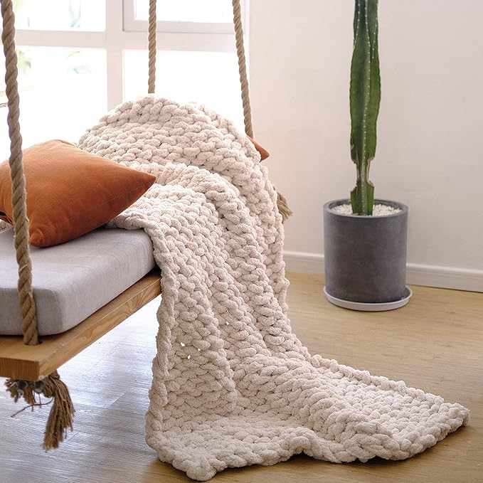 clootess Chunky Knit Blanket Knitted Throw Crochet Chenille Yarn Woven for Bed Sofa Textured Thick Cable Decor (Beige 40x60 in)