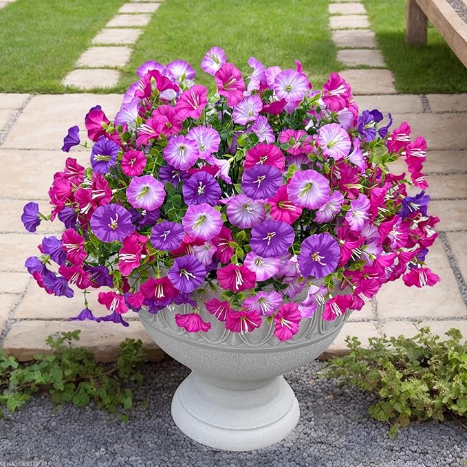 Artificial Flowers for Outdoor, Fake Flowers Faux Plants for Outside Indoor, 4PCS Summer Decor, Morning Glory Petunia UV Resistant, for Garden Porch Window Box Home Planters (Dark&Light Purple Bulk)