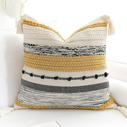 BlissBlush Fall Boho Decorative Throw Pillow Cover 22x22 Square Yellow Mustard Accent Pillowcase Tassels Farmhouse Cushion for Couch Sofa Bedroom Living Room Home Décor Cover ONLY (Pack of 1)