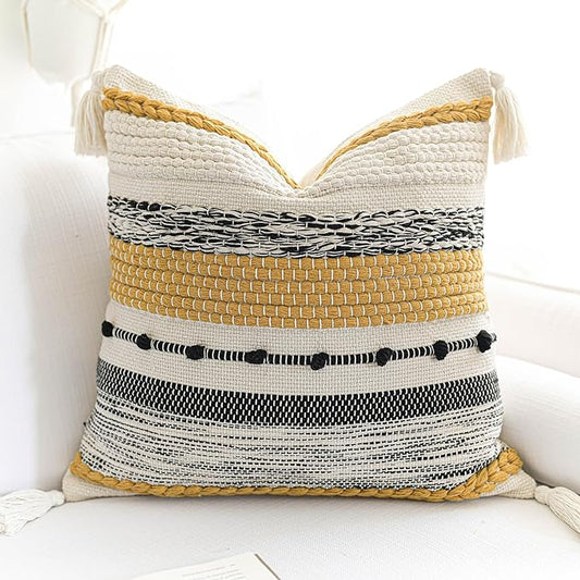 BlissBlush Fall Yellow Mustard Decorative Throw Pillow Cover 18x18 Square Boho Accent Pillowcase Tassels Farmhouse Cushion for Couch Sofa Bedroom Living Room Home Décor Cover ONLY