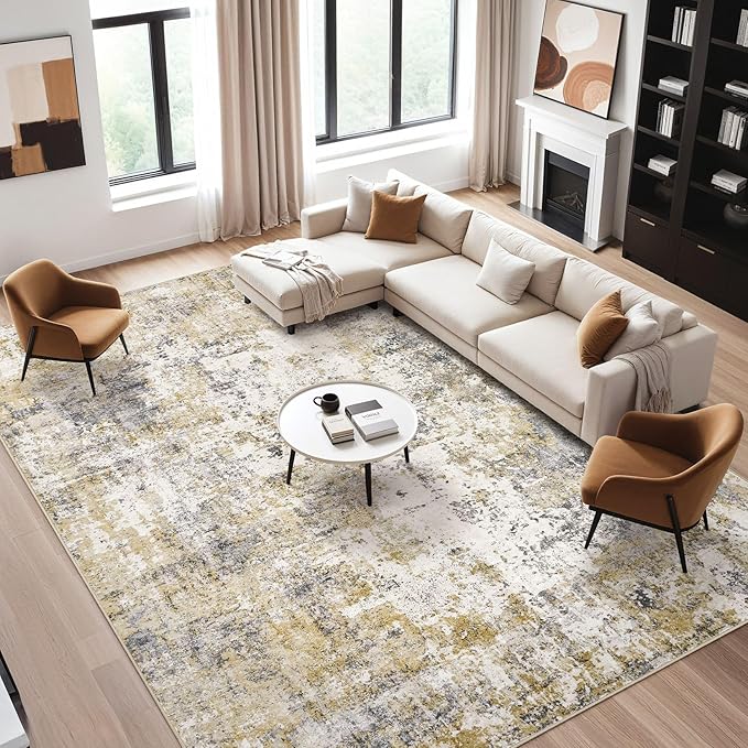 Area Rugs for Living Room: 8X10 Large Soft Washable Rug Modern Abstract Non-Slip Backing Stain Resistant Carpet for Bedroom Dining Room or Home Office Home Decor -Gray Gold