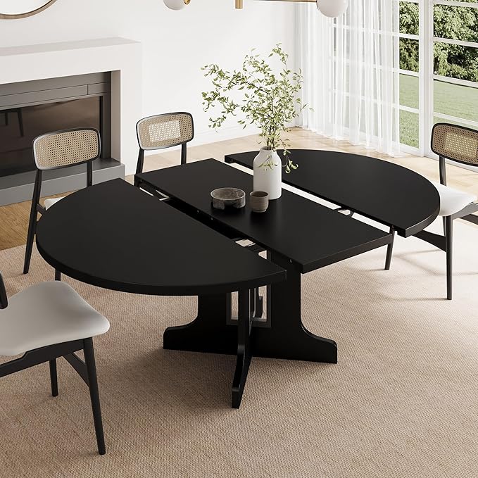 Feonase 59" Round Extendable Dining Room Table for 4-6, Modern Oval Kitchen Table with Heavy Duty Wood Base, Metal Frame Support, for Kitchen Dining Living Room, Easy Assembly, Black