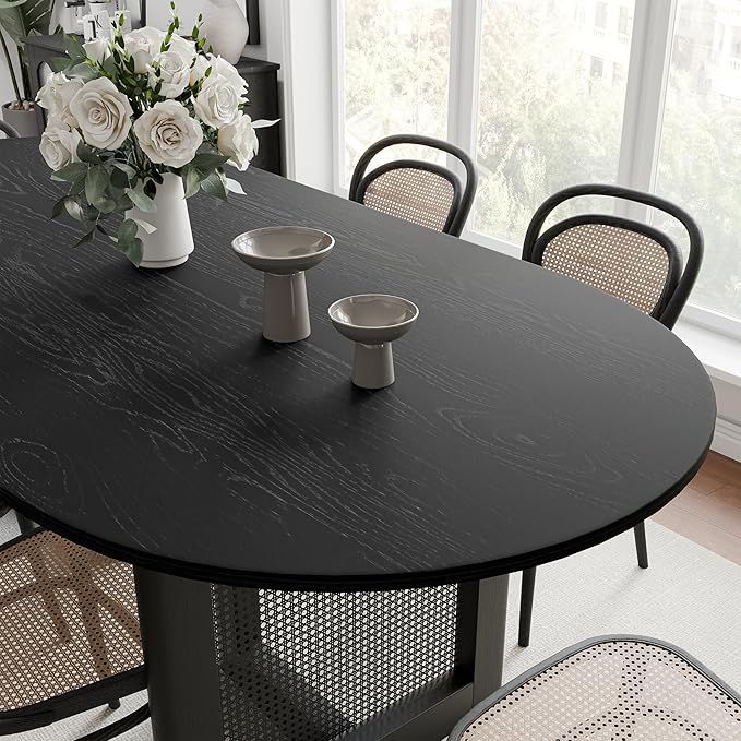 Casaphoria 67" Dining Table for 6, Wood Kitchen Table with Scratch-Resistant Top & Rattan Base, Modern Farmhouse Oval Dining Table for Living Room, Kitchen, Easy Assembly, Black