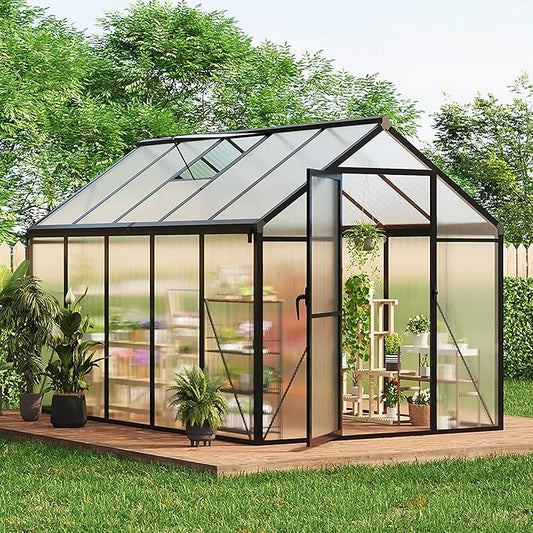 6 x 10 FT Greenhouse, Greenhouses for Outside, Polycarbonate Greenhouse with Aluminum Frame, Lockable Door and Ajustable Roof Vent for Backyard, Green Houses for Outside Garden Backyard, Patio