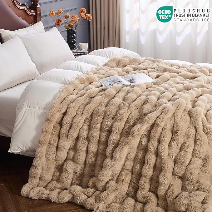 Faux Fur Throw Blanket for Couch, Fluffy Fuzzy Plush Bubble Blanket, Soft Warm Cozy Shaggy Rabbit Blanket, Luxury Decorative Gifts for Sofa Bedroom Living Room, 60x50inch (Naked Color)
