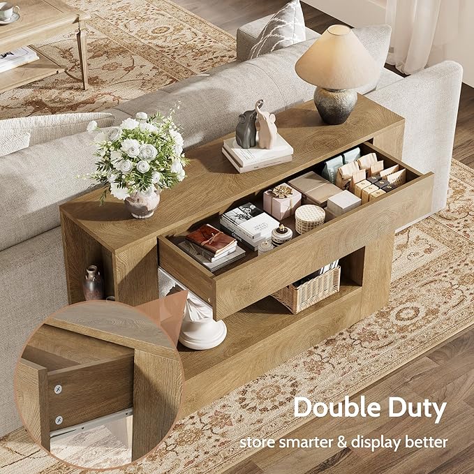 Farmhouse Console Table with Drawer, 47'' Wood Entryway Table with Storage Shelves, Narrow Sofa Table Behind Couch for Living Room, Hallway, Foyer (Natural)
