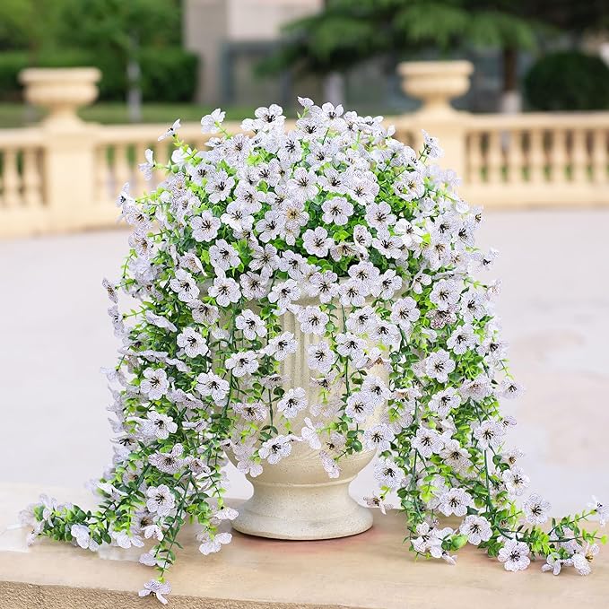 Artificial Hanging Flowers for Outdoors Faux Plants Decoration, 2 Packs Fake Silk Daisy Flower Realistic Outdoor Flowers UV Resistant Porch Patio Window Yard Outside Decor(White)