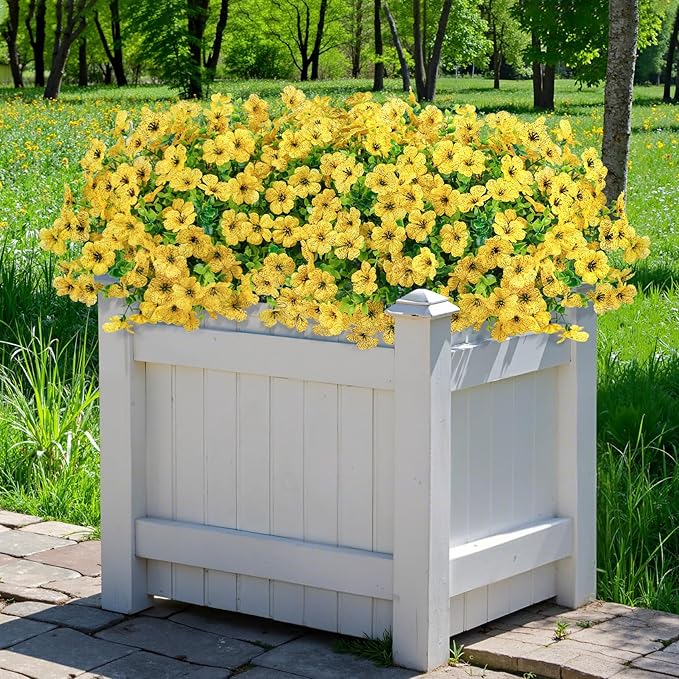 20 Bundles Artificial Flowers for Outdoors Decoration Fake Silk Flowers UV Resistant Faux Plants Artificial Daisy Eucalyptus for Spring Summer Garden Yard Porch Window Home Decor, Yellow