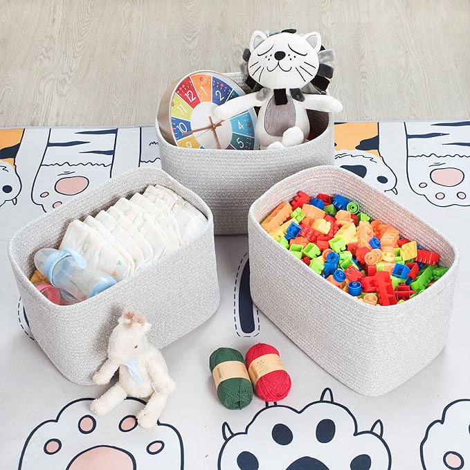 MINTWOOD Design 3-Pack Decorative Woven Storage Baskets for Shelves, Cube Bin Box for Organizing Books, Shoes, Dog Toys, Pantry Closet and Living Room Organizer, Light Gray Mix