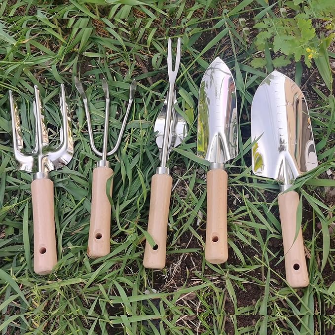 Garden Tools Set, 5 Piece Stainless Steel Hand Tool Kit with Ergonomic Wooden Handle, Heavy Duty Gardening Tools Include Hand Trowel, Transplant Trowel, Hand Rake, Hand Fork and Weeder