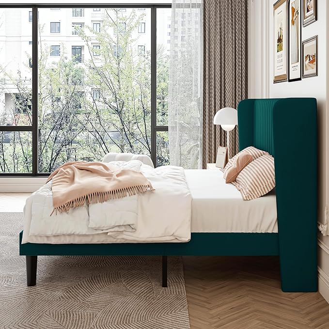 SHA CERLIN Full Size Velvet Bed Frame with Vertical Channel Tufted Wingback Headboard, Upholstered Platform Bed with Wood Slats, No Box Spring Needed, Easy Assembly, Teal