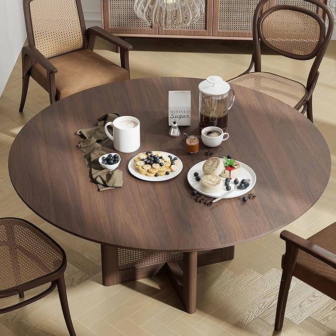 Casaphoria 60" Round Dining Table, Modern Kitchen Table for 8, Scratch-Resistant Top & Rattan Base, Farmhouse Dinner Table for Living Room, Kitchen, Bar, Easy Assembly, Walnut
