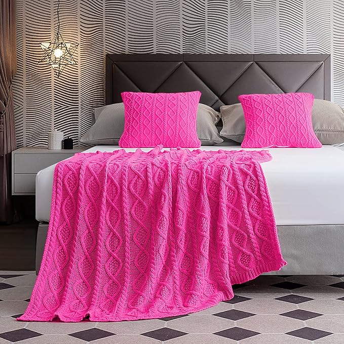 Homiest Hot Pink Cable Knit Throw, 60 x 80 Inch Acrylic Knitted Blanket with Diamond Texture, Soft & Cozy Decorative Blanket for Couch, Bed, Sofa