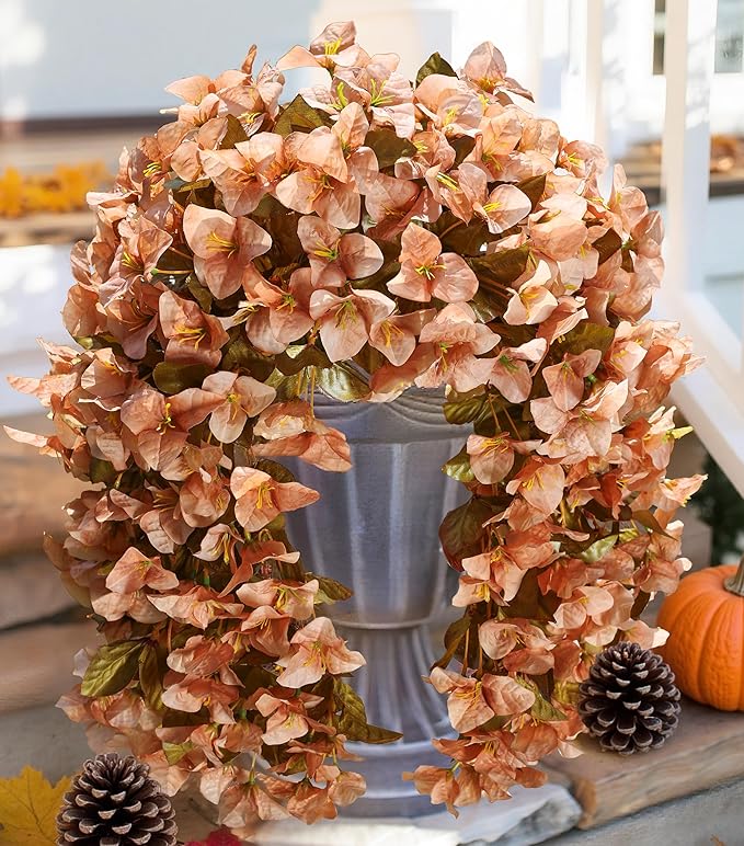 Bougainvillea Artificial Fall Hanging Flowers Plants for Outdoors Autumn Decoration, 2pcs Faux Bougainvillea Vines Brown Fake Flowers Realistic UV Resistant Silk Flowers for Outside Planter Yard Home