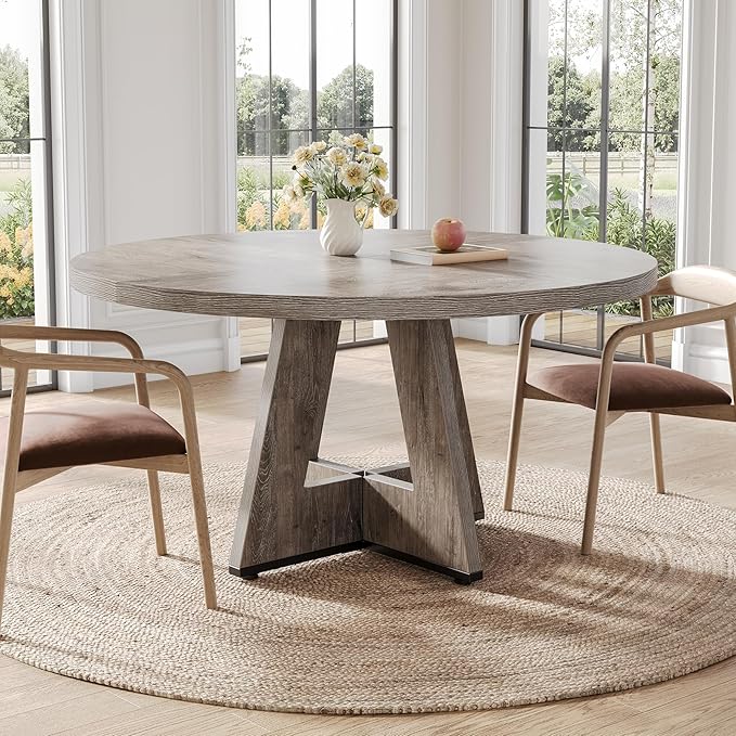 LITTLE TREE Round Dining Table for 4-6 People, 47 Inches Dining Room Table with Wooden Pedestal Base, Grey Dinner Tables, Circle Kitchen Tables for Dining Room, Kitchen, Living Room(Table Only)