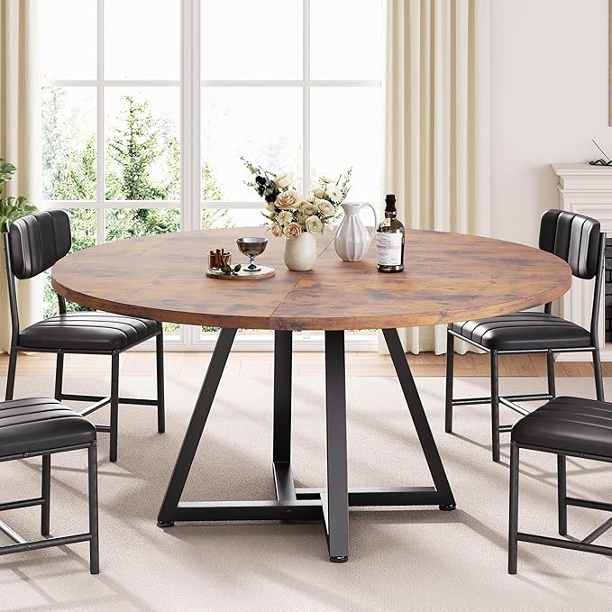 51“ Round Kitchen Dining Room Table for 6-8, Circle Dining Dinner Table with Pedestal Metal Frame, Space Saving Wood Industrial Furniture for Small Space (Rustic Brown, 51In)