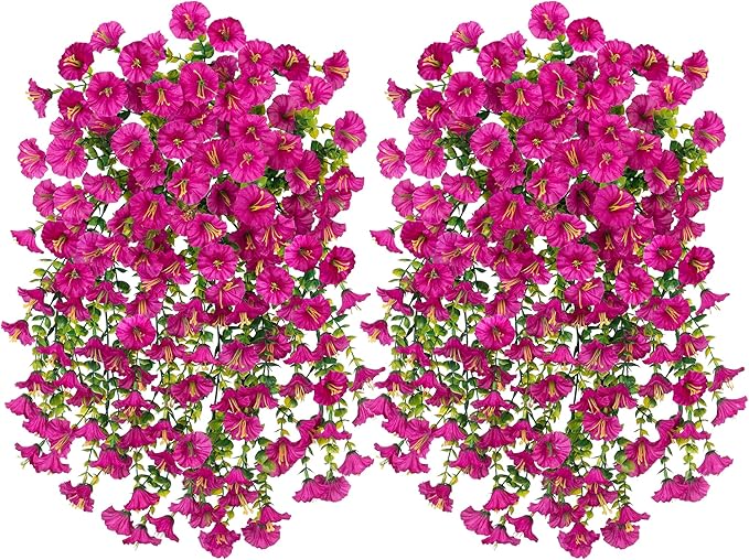 Artificial Faux Hanging Flowers Plant for Outdoor Decor,2 PCS Fake Silk Morning Glory with Eucalyptus UV Resistant Realistic Trailing Vine for Wall Home Porch Patio Balcony Yard Indoor Decor, Fuchsia