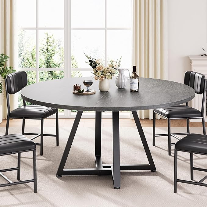 42“ Round Kitchen Dining Room Table for 2-4, Circle Dining Dinner Table with Pedestal Metal Frame, Space Saving Wood Industrial Furniture for Small Space (Grey, 42IN)