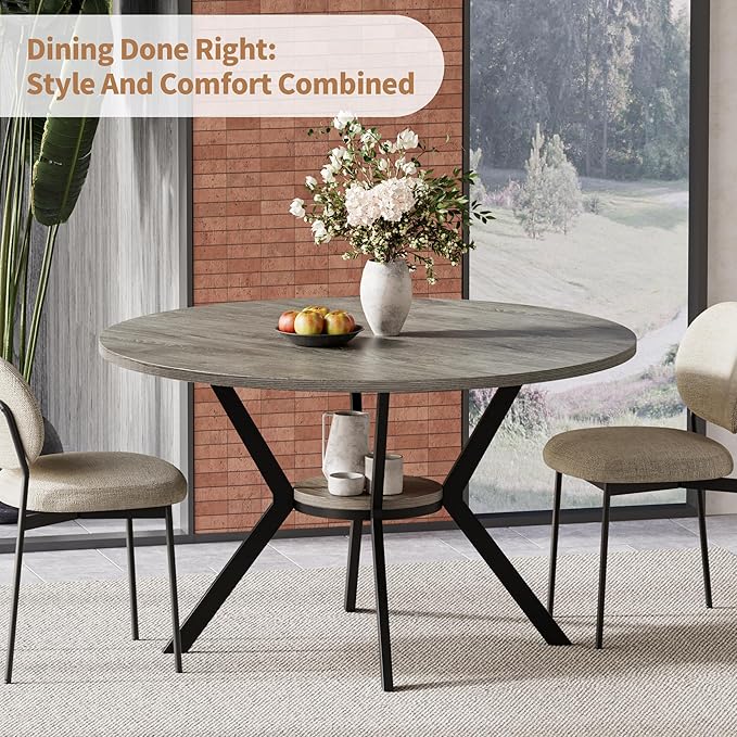 Round Dinner Table for 4, 42 Inch Kitchen & Dining Room Table with Storage, Wooden Circle Dining Table, Mid Century Modern Dining Table with Metal Legs for Kitchen, Living Room, Dining Room, Grey