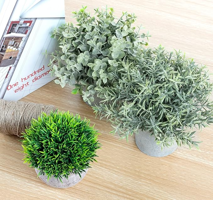 Fake Plants,5 Pack Small Fake Plants Mini Potted Artificial Eucalyptus Greenery Plastic Green Grass Plants for Indoor Outdoor,Mini Faux Plant for Shelve Desk Table Farmhouse Bathroom Shelf Decor