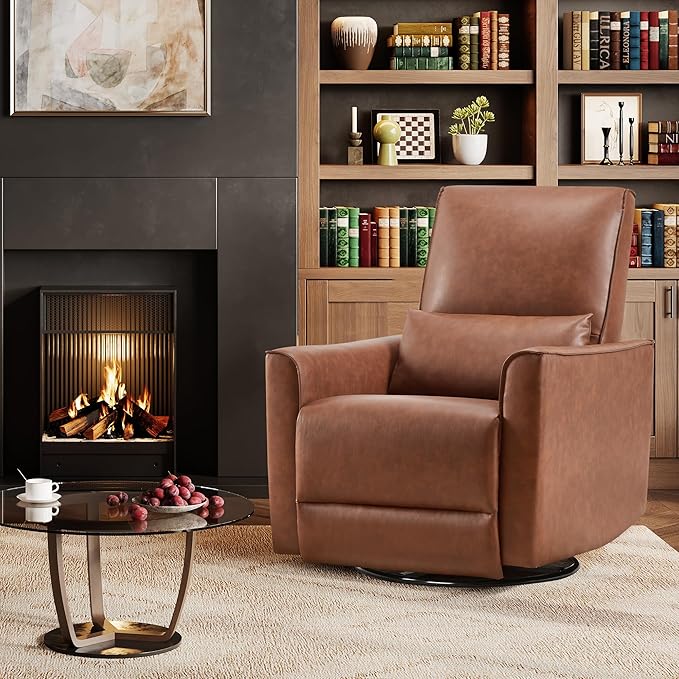 GarveeHome Recliner Chair, 360° Swivel Rocker Glider Nursery Chair with Padded Armrest and Deep Seat, PU Leather Upholstered Reclining Sofa Chair for Living Room, Bedroom and Nursery (Brown)