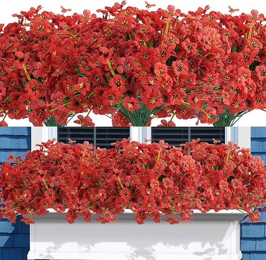 Uieke 72PCS Artificial Flowers for Outdoors, UV Resistant Fake Flowers No Fade Faux Plastic Plants for Garden Porch Window Box Home Summer Décor (Red)