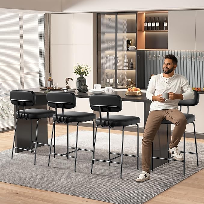Counter Height Bar Stools Set of 4, 26" Faux Leather Kitchen Counter Bar Stools with Backs, Metal Legs, Footrest, Bar Chairs for Kitchen Island, Black