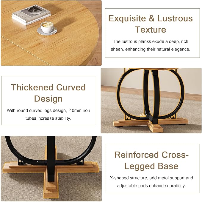 59" Round Extendable Dining Table for 4-6, Modern Oval Kitchen Table with Heavy Duty Curved Legs & Wood X-Based, MDF Board with Spring Buckle, Space Saving, Dining Kitchen Living Room, Oak