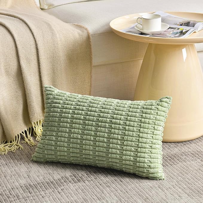 Fancy Homi Set of 4 Spring Lumbar Rectangle Decorative Throw Pillow Covers 12x20 Inch for Couch Bed Chair, Sage Green Yellow Room Decor, Soft Fuzzy Thick Corduroy Cute Textured Cushion Case 30x50cm