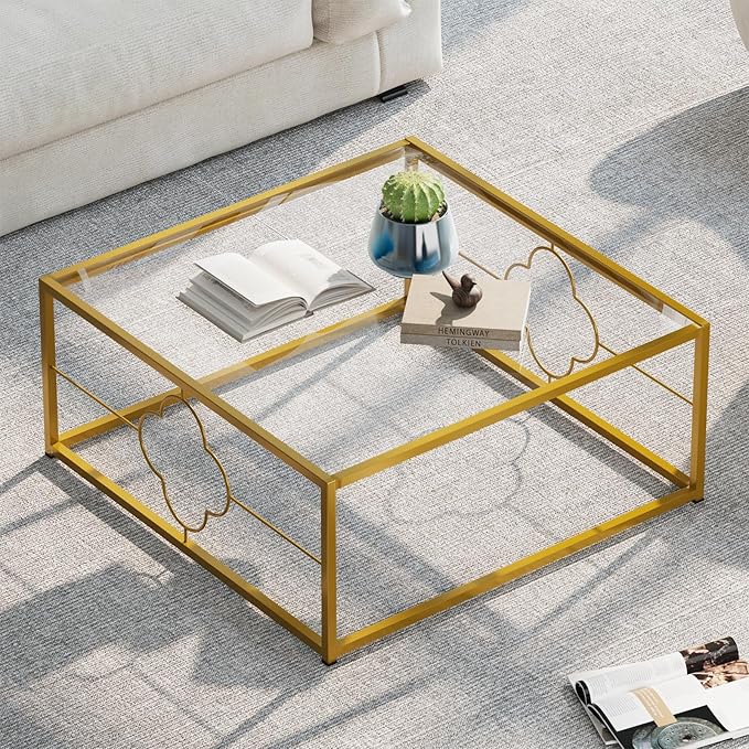 Coffee Table Modern Center Table,Glass Minimalist Square Coffee Table Tea Table for Living Room,Tempered Glass-top with Sturdy Metal Frame, Easy Assembly,26.4 x 26.4 x 15.7 Inches, Gold