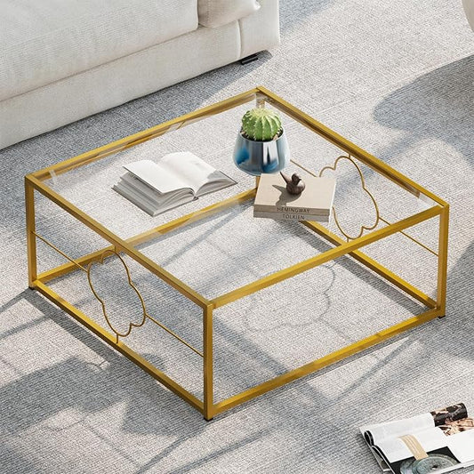 Coffee Table Modern Center Table,Glass Minimalist Square Coffee Table Tea Table for Living Room,Tempered Glass-top with Sturdy Metal Frame, Easy Assembly,26.4 x 26.4 x 15.7 Inches, Gold