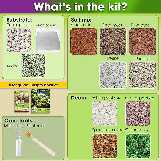 DUSPRO Recycle Terrarium Kit, Include Potting Soil, Pumice, Zeolite, Green Moss, Sphagnum Moss, Decorative Stone, Mesh, Tools, DIY Terrarium Kit for Kids, Air Plant, Succulent