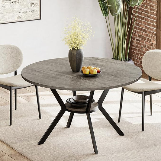 Round Dinner Table for 4, 42 Inch Kitchen & Dining Room Table with Storage, Wooden Circle Dining Table, Mid Century Modern Dining Table with Metal Legs for Kitchen, Living Room, Dining Room, Grey