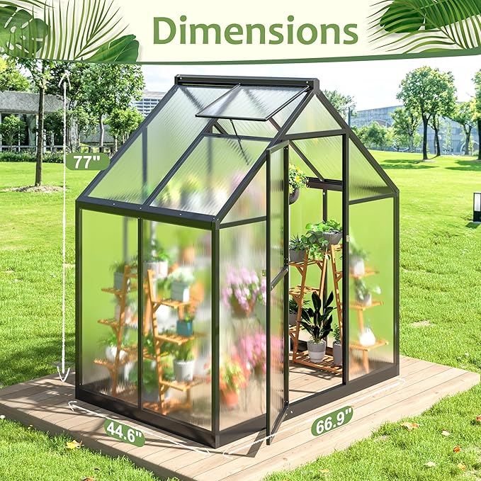 4x6 FT Quick Setup Polycarbonate Greenhouse with Roof Vent, Large Aluminum Walk-in Green House for Outdoor Garden Backyard, Black