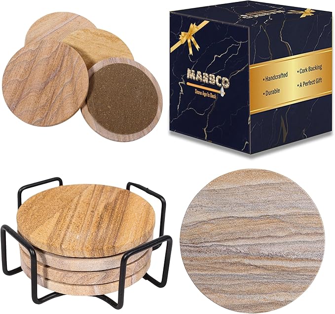Sandstone Water Absorbent Hand Crafted Round Coasters for Drinks - 4 Inches Wide Thirsty Stone Bar/Drink Coasters- Made from Rainbow Sandstone (Set of 4 with Holder)