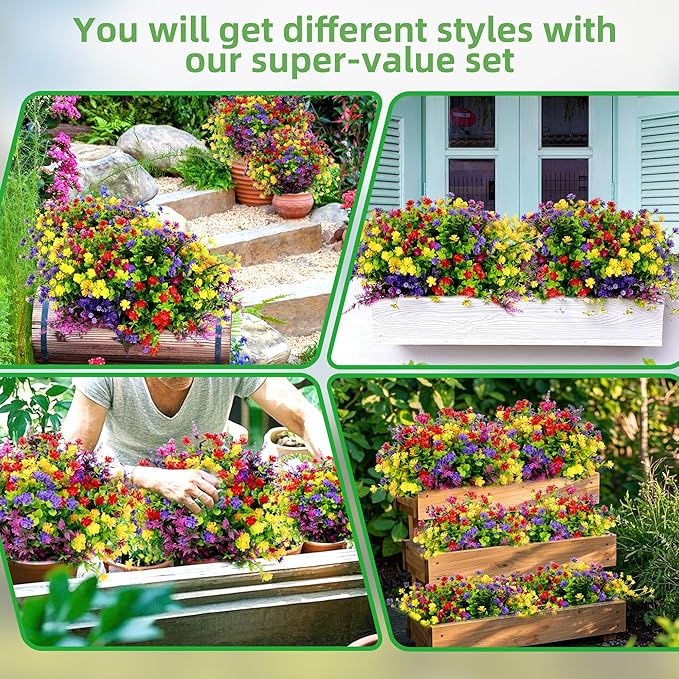 36 Bundles Artificial Flowers for Outdoors UV Resistant, Artificial Flowers Outdoor Decoration, No Fade Faux Fake Flowers Greenery Shrub Plants for Garden Home Front Porch Window Hanging Decor