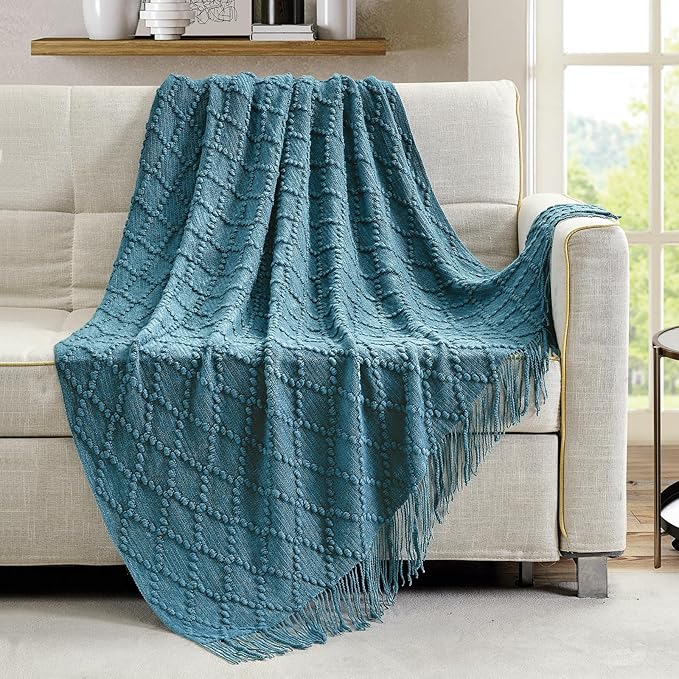 BOURINA Teal Throw Blanket 50 x70 Inches Jacquard Argyle Throw Textured Solid Soft Throws and Blankets for Sofa or Bed Knitted Decorative Blanket