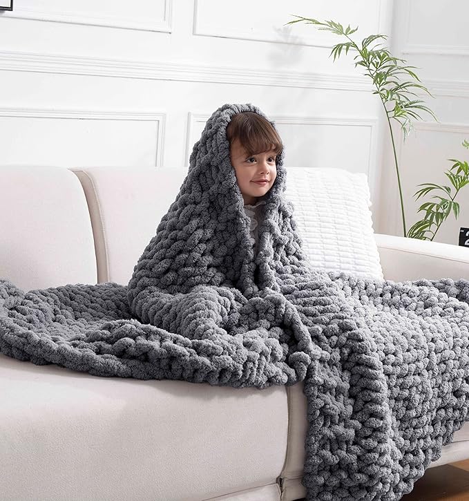 clootess Chunky Knit Blanket Chenille Throw - Warm Soft Cozy for Sofa Bed Boho Home Decor (Dark Grey 40x60 in)