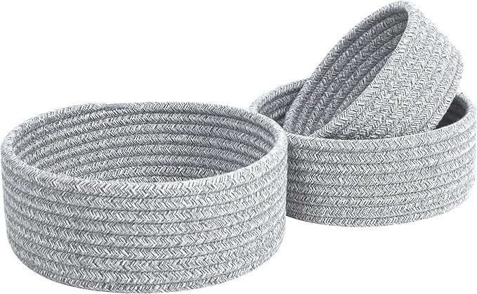 MINTWOOD Design Set of 3 Cotton Rope Nesting Bowls, Small Catch All Basket, Cute Closet Baskets and Bins for Shelves, Mini Table Basket Organizer for Small Accessories, Light Gray Mix