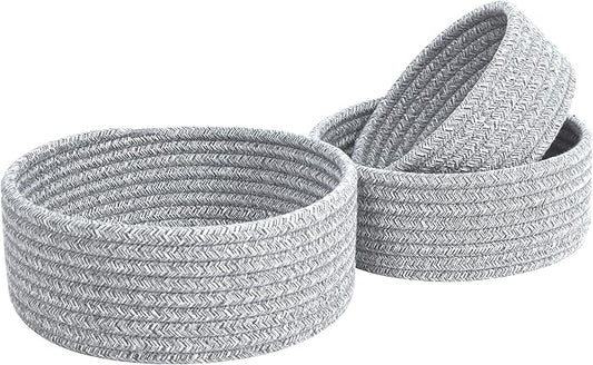 MINTWOOD Design Set of 3 Cotton Rope Nesting Bowls, Small Catch All Basket, Cute Closet Baskets and Bins for Shelves, Mini Table Basket Organizer for Small Accessories, Light Gray Mix