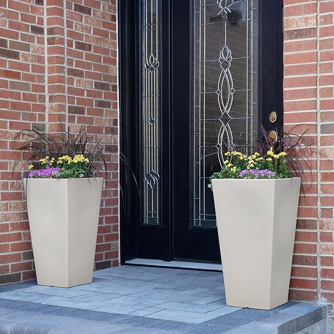 Step2 Tremont Tall Square Planter Pot, Large Outside All-Season All-Weather Gardening Pot for Patio and Front Porch, Concrete, 2-Pack