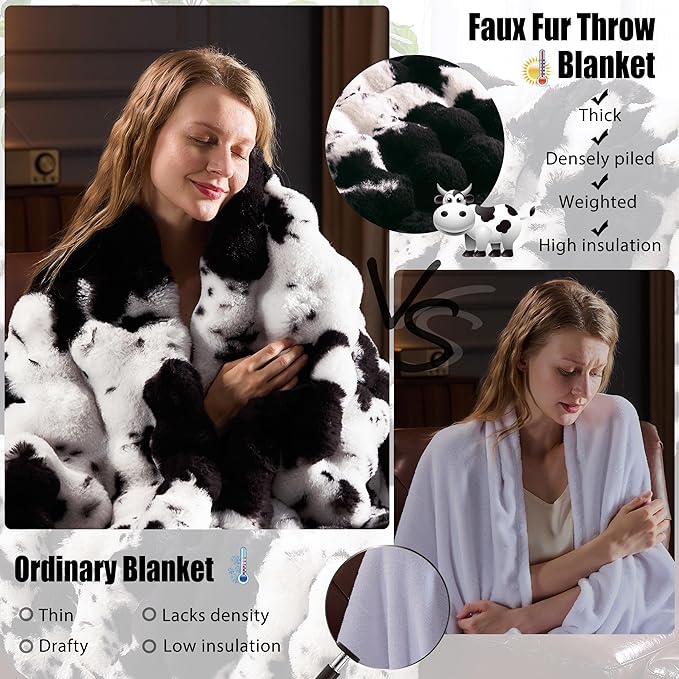 Faux Fur Throw Blanket for Couch, Fluffy Fuzzy Plush Bubble Blanket, Soft Warm Cozy Shaggy Rabbit Blanket, Luxury Decorative Gifts for Sofa Bedroom Living Room, 60x50inch (Cow Print-Black)