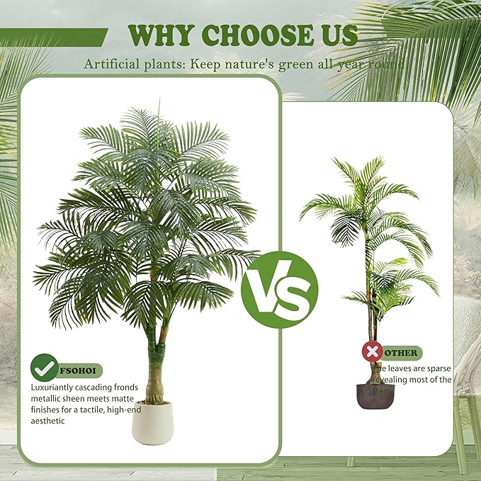 Artificial Golden Cane Palm Tree 6FT Tall Fake Plant Large Tropical Palms Trees with 3 Realistic Trunks, Faux Palm Plant Artificial Tree in Pot for Indoor Outdoor Room Patio Office Home Decor