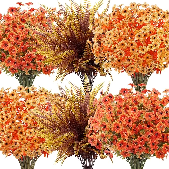 20 Bundles Artificial Fall Flowers for Outdoors Decoration, Fake Mums Silk Daisy Faux Plastic Plants Boston Fern UV Resistant for Autumn Thanksgiving Garden Planters Home Decor, Mixed Orange
