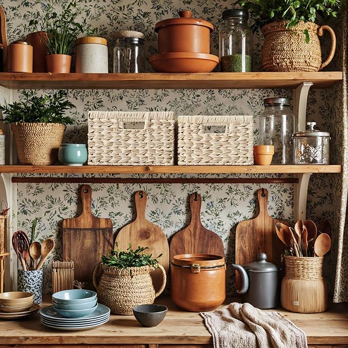 GRANNY SAYS Wicker Baskets for Organizing, Storage Basket for Shelves, Square Shelf Baskets with Handles, Waterproof Woven Basket for Living Room, Baskets for Entryway, Butter Milk